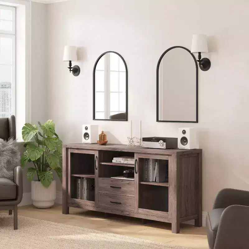 Modern Kitchen and Dining Room Buffet Sideboard Storage Cabinet, Engineered Wood with 2 Tempered Glass Doors, 2 Drawers, Open Shelf