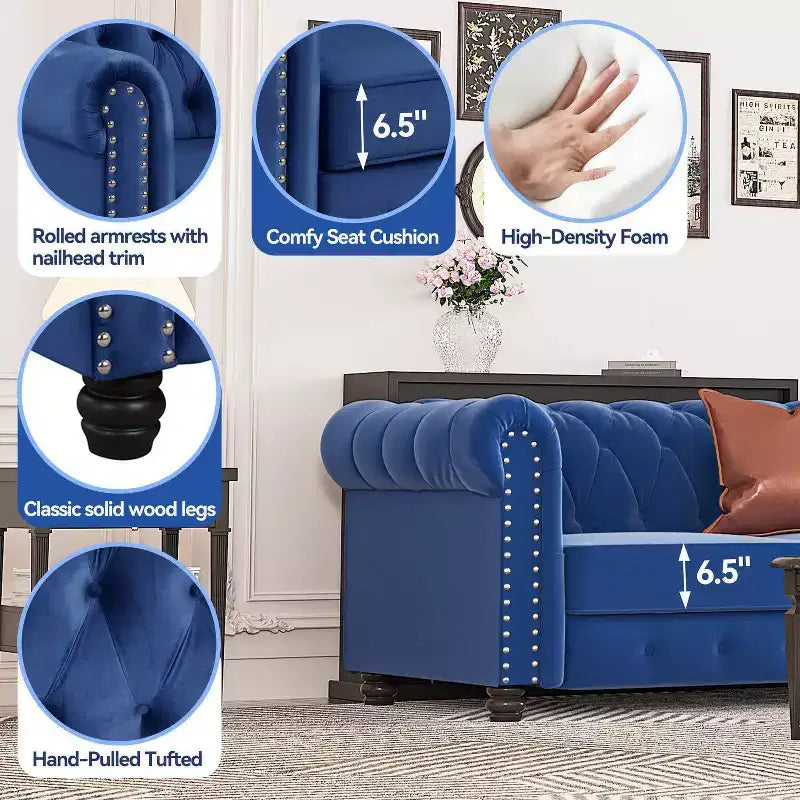 60 in. Velvet Blue Couches 2-Seater Loveseat for Living Room Furniture