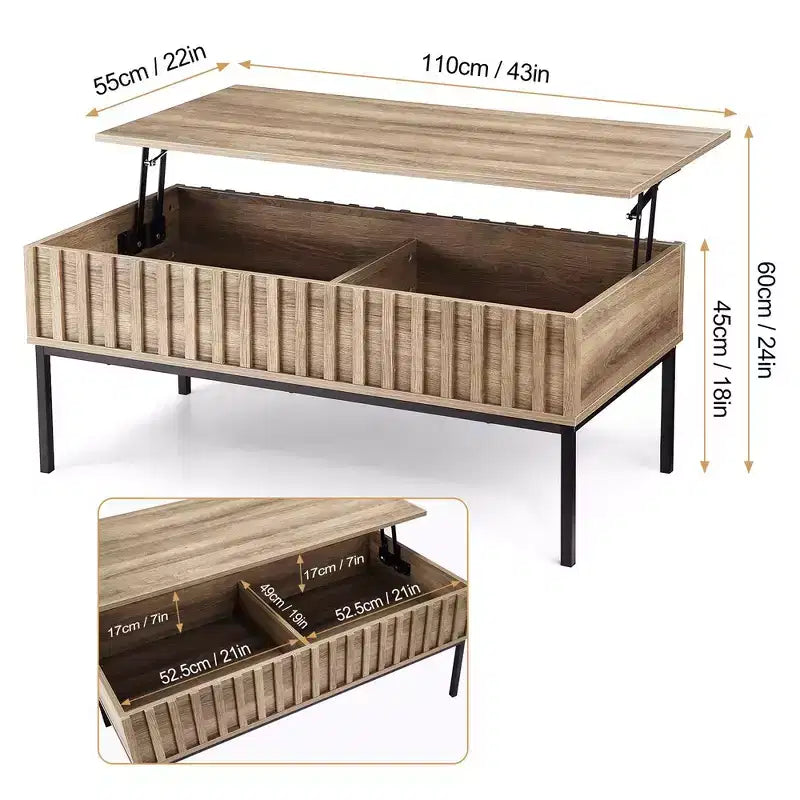 Tavolino da salotto con piano sollevabile, in stile moderno di metà secolo, in legno stile rustico con vano portaoggetti nascosto