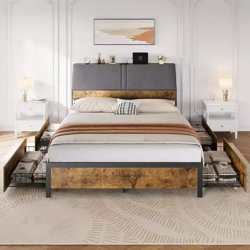 Bed Frame with Charging Station and 4 Storage Drawers, Metal Platform Bed with Ergonomic Large Storage Headboard, No Box Spring Needed, Brown