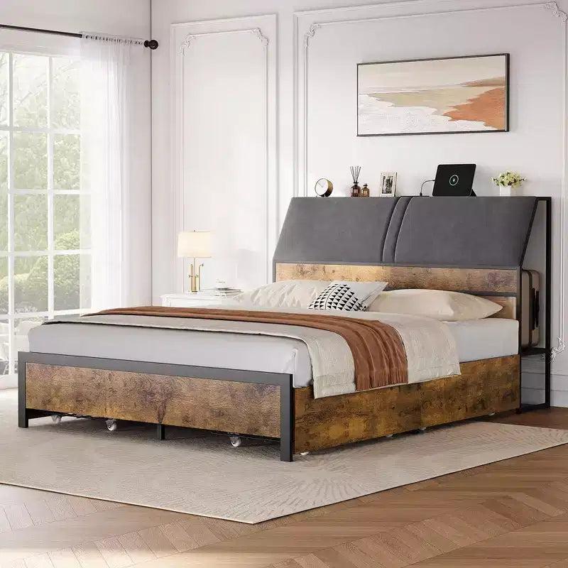 Bed Frame with Charging Station and 4 Storage Drawers, Metal Platform Bed with Ergonomic Large Storage Headboard, No Box Spring Needed, Brown