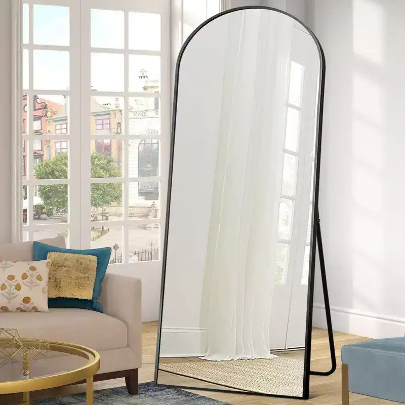 Specchio a figura intera moderno ad arco con cornice in metallo nera, 64x21, nero