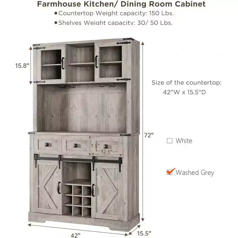 Credenza da bar farmhouse da 72 con anta scorrevole stile fienile, mobile alto da cucina con alzata contenitore e 3 cassetti