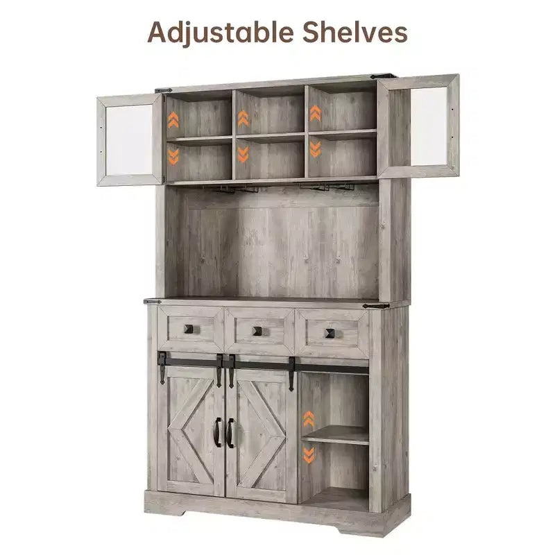 Credenza da bar farmhouse da 72 con anta scorrevole stile fienile, mobile alto da cucina con alzata contenitore e 3 cassetti